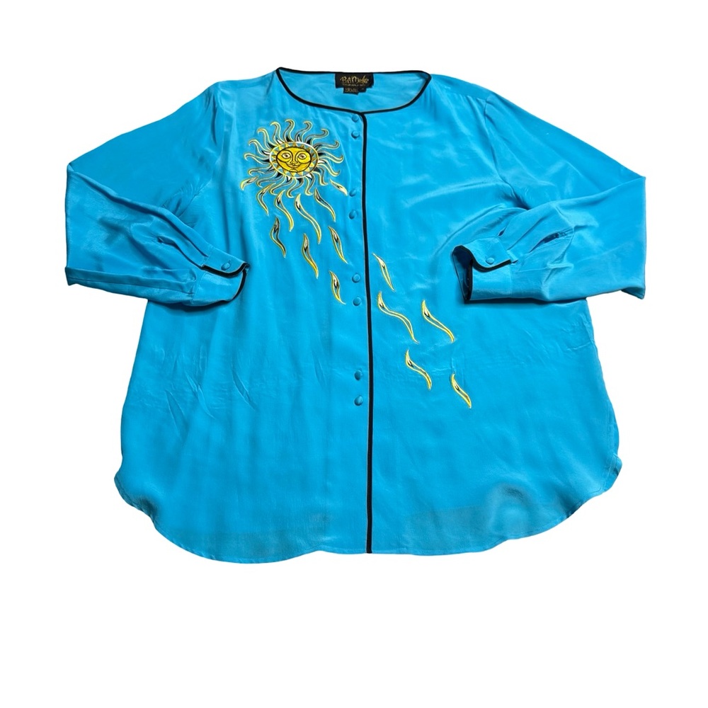 ✨🌞 Bob Mackie Wearable Art Silk Sun Embroidered Button Top 1X 🌞✨